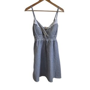 Striped Mini Dress Red Camel Smocked Waist‎ Eyelet Trim Summer Casual M